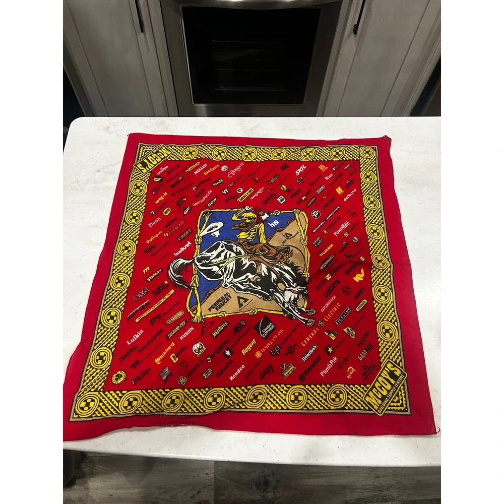 Vintage McCoy's Building Supply Western Cowboy Bronco Logo Bandana Red 21x21